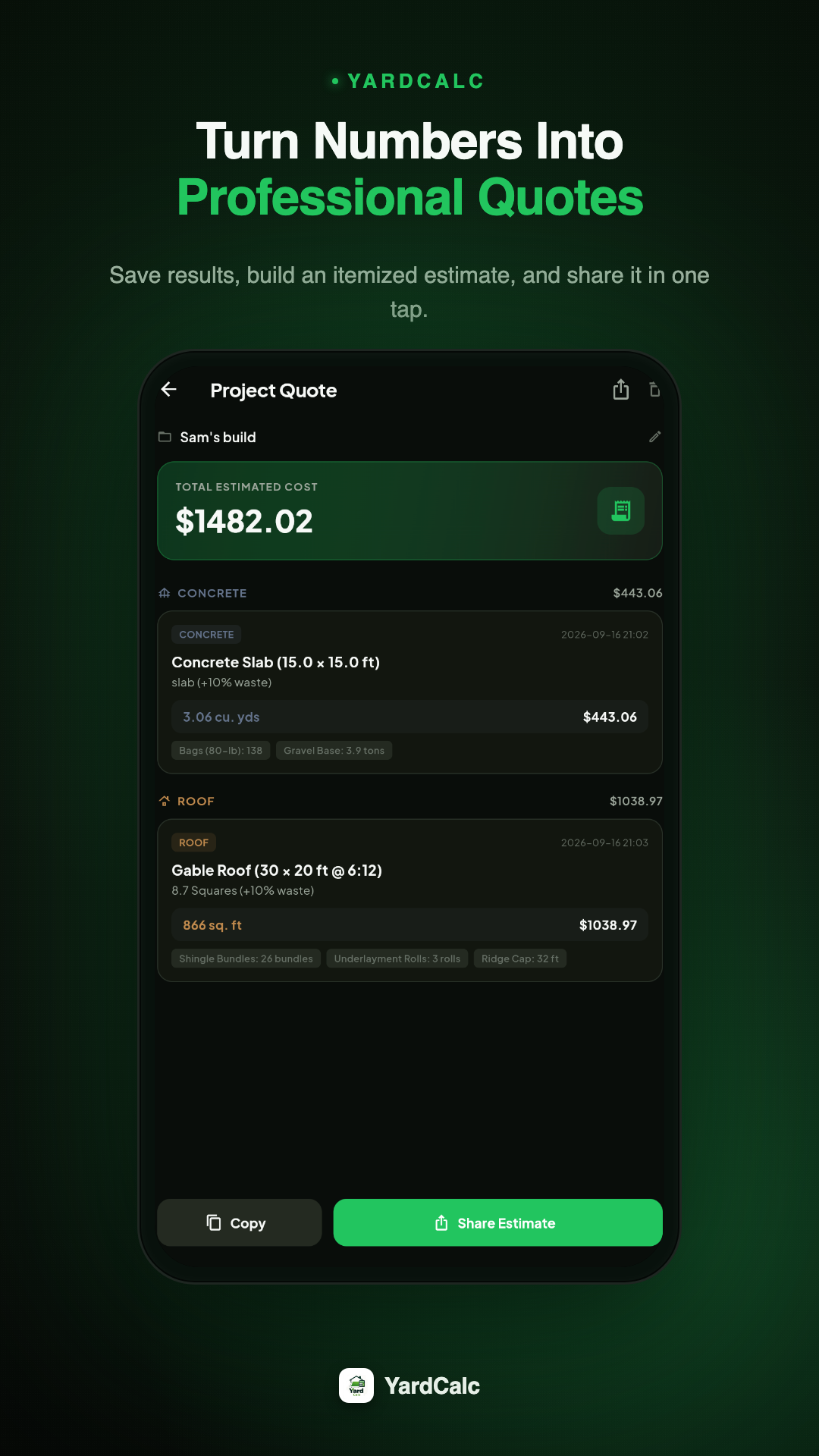 Professional Itemized Quotes in YardCalc